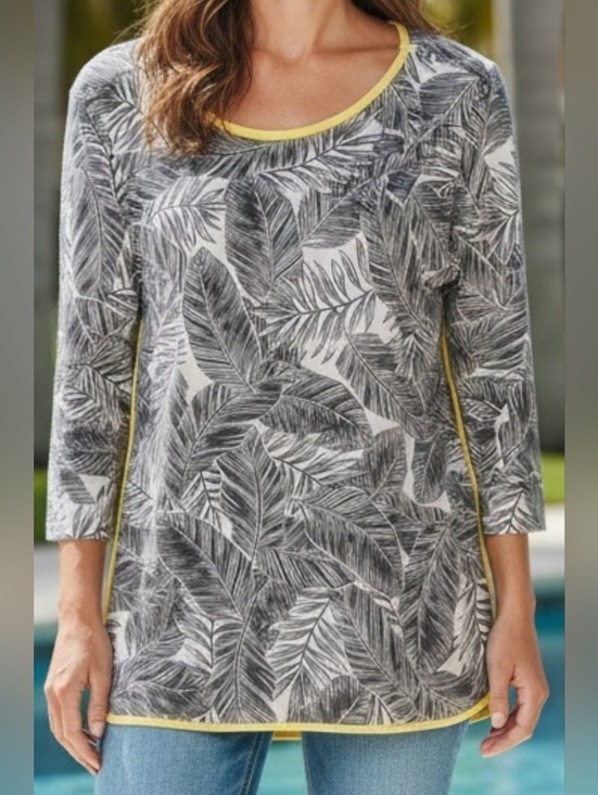 Ruby Rd. Tops - Ruby Rd -White Short Sleeve Blouse W/ Black Feather Print & Yellow Trim, Size PS